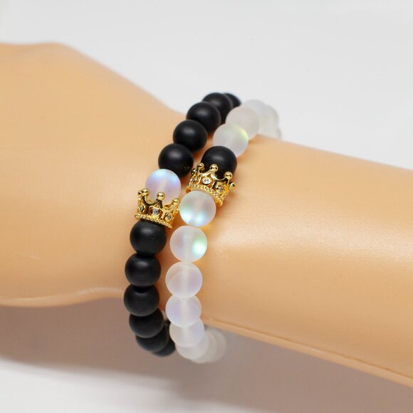 Bland and White Beaded Bracelets Set of 2 - Picture 2 of 6